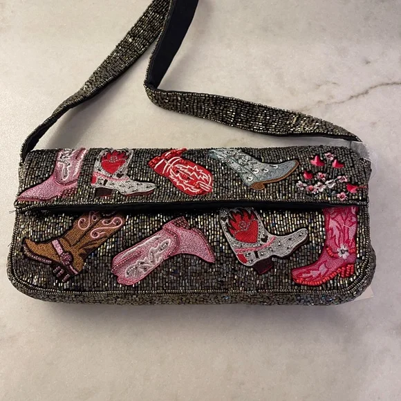 COWGIRL BOOTS BEADED Embellished Western Theme Women's Bag - Picture 3 of 5